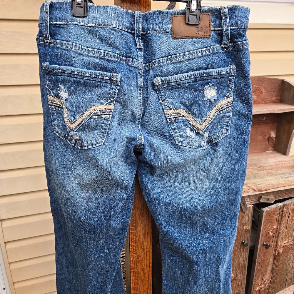 BKE Jake Buckle Blue Jeans Boot Cut Size 34 x 30 Hemmed to 26" worn a few times